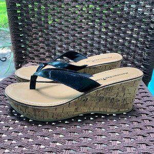 Black Boho Style Cork Wedge Sandals Size 8
